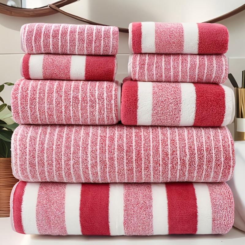 8pcs Lint-Free Super Absorbent Soft Five-Star Hotel Standard Two-Color Striped Spaced Bath Towel Set, Including 2 Large Bath Towels, 2 Medium Bath Towels And 4 Small Bath Towels, Wash Cloths