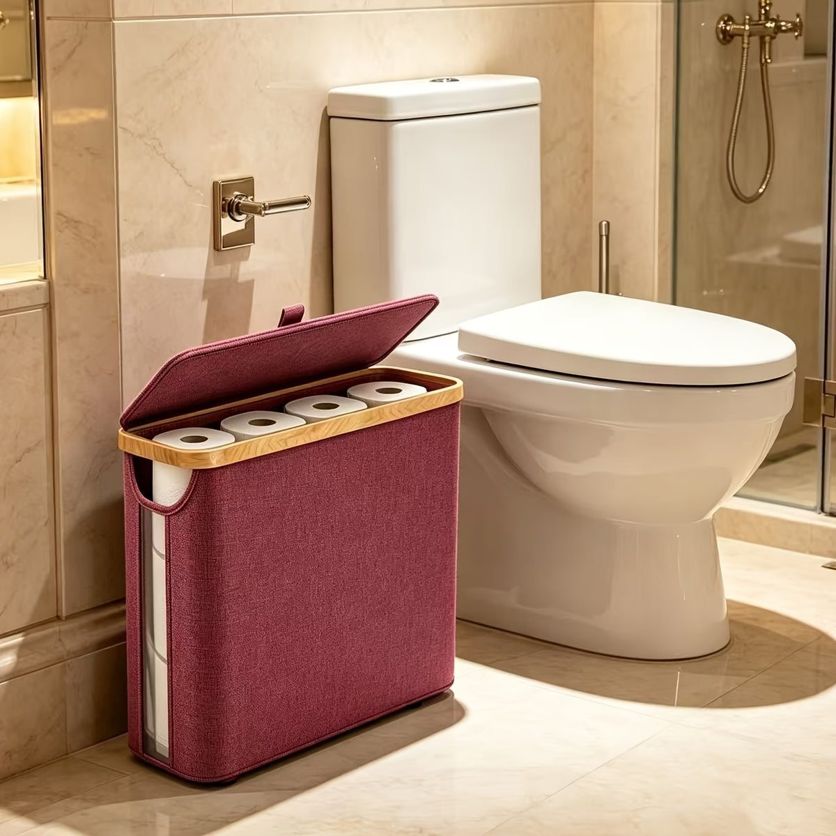 Large Capacity Bamboo Paper Towel Storage Basket | Holds 9-12 Rolls, Dustproof, Beautiful Toilet Paper Storage, 600D Oxford Cloth, Black, Beige, and Gray Colors, Suitable for Modern Fashion Bathroom, Toilet Paper Storage Containers