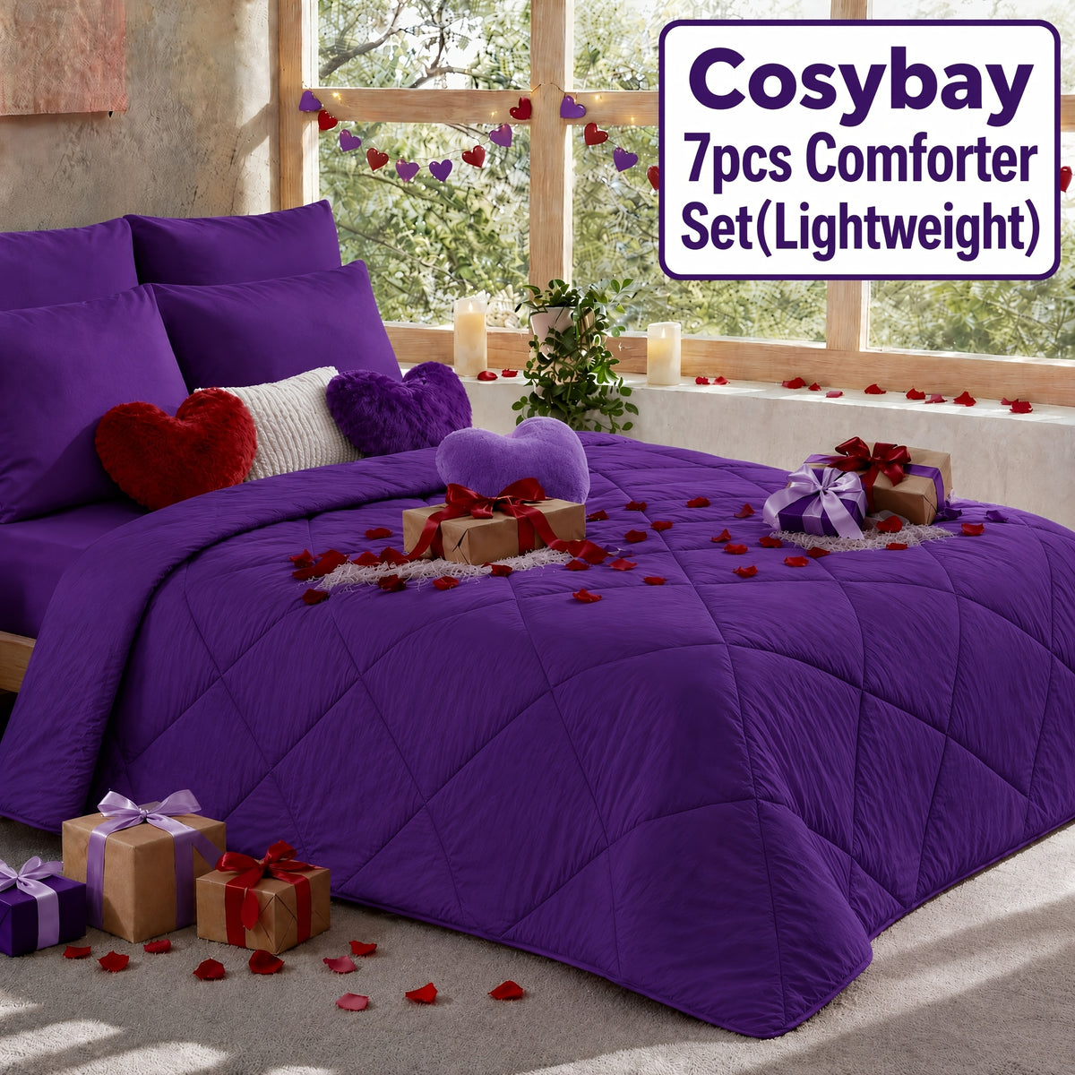Cosybay 7 Piece Pinch Pleated Comforter Set Queen King Size, Luxury Soft Fluffy Bedding Includes 1 Comforter, 1 Extra Deep Pocket Fitted Sheet, 1 Flat Sheet, 4 Pillowcases & Pillow Covers, Perfect for Halloween Party, Holiday Celebrations & Birthday