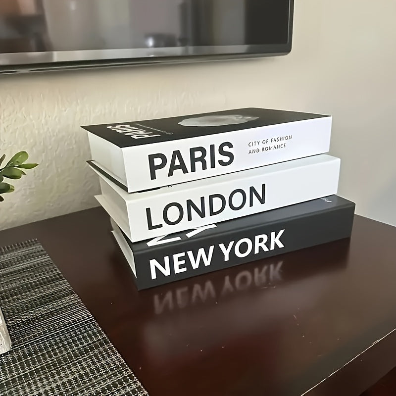3pcs Set Modern Faux Books - Elegant Minimalist Fake Books with Parisian & New York City Themes, & Spine Design, Paper Material Decorative Bookends for Living Room, Bedroom, Coffee Table - Versatile Indoor/Outdoor Home Decor, No Power Needed