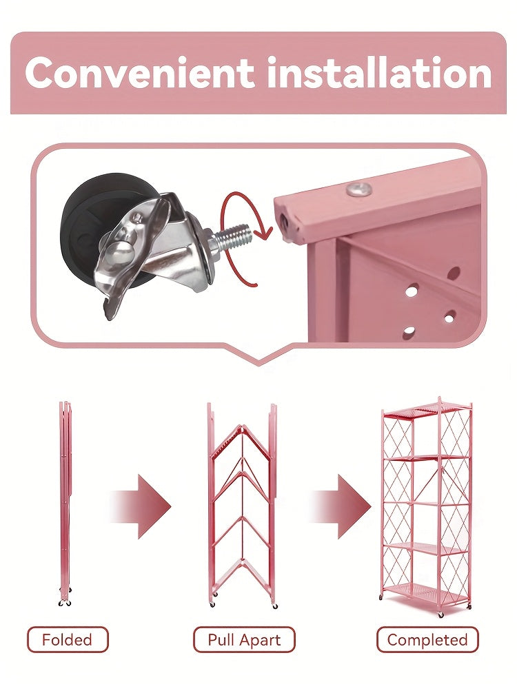 No-Assembly Rolling Storage Rack, 3 4 or 5 Tier Folding Metal Shelves with Locking Wheels in Pink, Green, Black or White for Kitchen and Dorm Organization