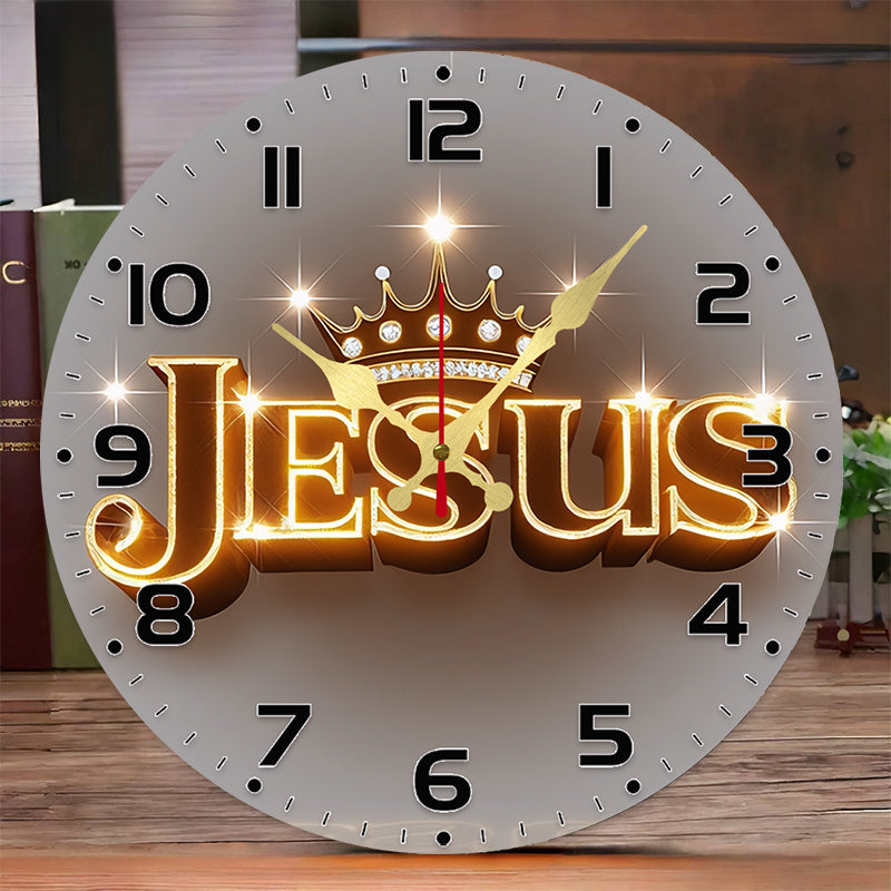 2D Flat, 10-Inch Silent Wall Clock with Golden Crown Design - Round Wooden Frameless Clock, Battery Operated (AA Batteries Not Included) - Suitable for Living Room, Bedroom, Kitchen, Home And Office Decoration - Aesthetic Religious Gift