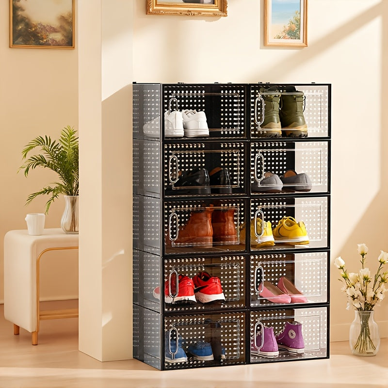 Modular Shoe Boxes with Lids, Transparent Foldable Stackable Plastic Sneaker Containers in Black or White with 6 12 or 24 Piece Options for Home and Dorm Storage