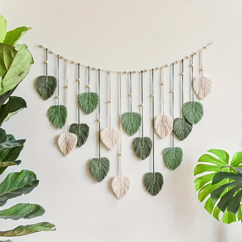 1 Bohemian-style Leaf Feather Wall Hanging - Modern Color-blocked Green, White, and Beige Interwoven Tapestry, Elegant Textured Home Wall Decor, Ideal Mother's Day Gift, the Perfect Bohemian-style Soft Accent Piece