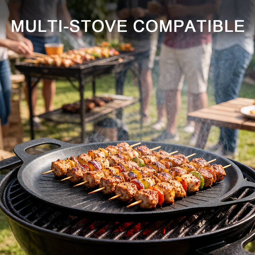 Nonstick Grill Pan with Oill Brush, Griddle Pan with Oil Drain Groove Even Heating, for Grilling And Sauce Locking- Pizza, Eggs, Grilling, Crepes, Easy Clean, Portable Frying Pan for Camping Cookware, Family Gatherings & Restaurant Use