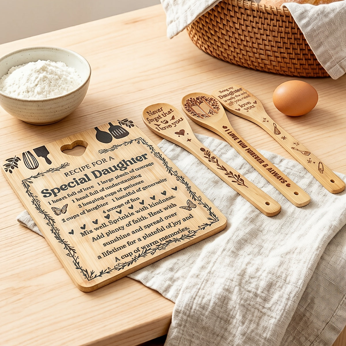 Birthday Gifts for Daughter - "Recipe for a Special Daughter" Daughter Cutting Board Set Bamboo-Made Engraved Utensil Set Birthday Gifts for Daughter Daughter Christmas Gifts