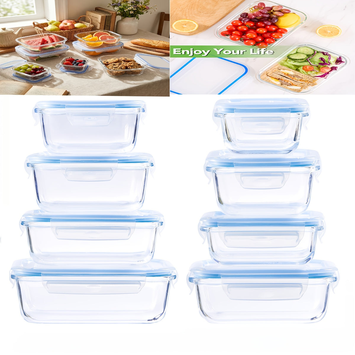 16pcs Glass Container Seal Food Storage Box, Refrigerator Receive A Case, Seal Leak Proof, Easy To Clean Design, Microwave/freezer, Lunch Boxes | Sealed Storage | Durable Glass Box Lid Food Storage Containers (8 Lids + 8 Containers) Lunch Box