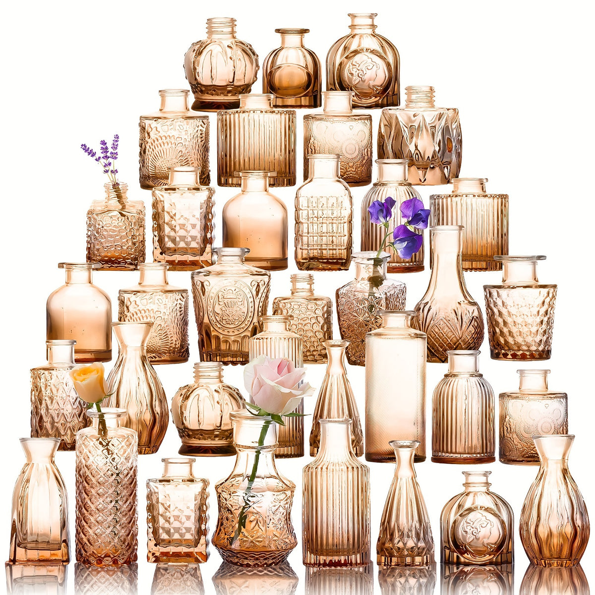 36 Amber Glass Bud Vase Set, Multiple Sizes, Small Vases For Flowers, Vases For Centerpieces Mini Flower Vases In Bulk For Rustic Wedding Decorations Vintage Look Home Table Decor, For Halloween And Christmas
