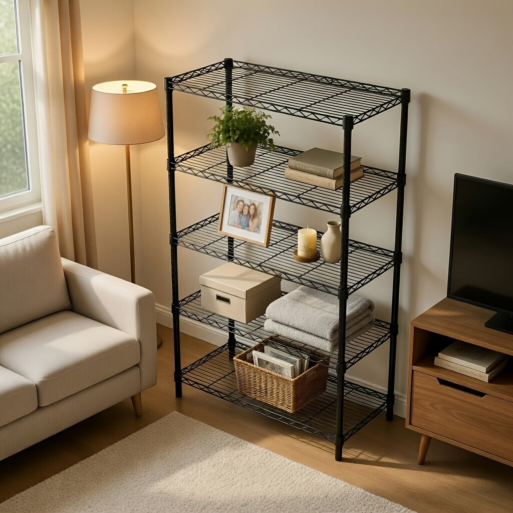 MZG Heavy-Duty Adjustable 5/4 Shelf Metal Storage Shelving Unit - Industrial Garage, Pantry, Kitchen, Workshop Organizer Tool-Free Assembly, Space-Saving Shelving Rack For Home, Commercial Use Open Shelf Design, Sturdy Construction, Utility Shelves
