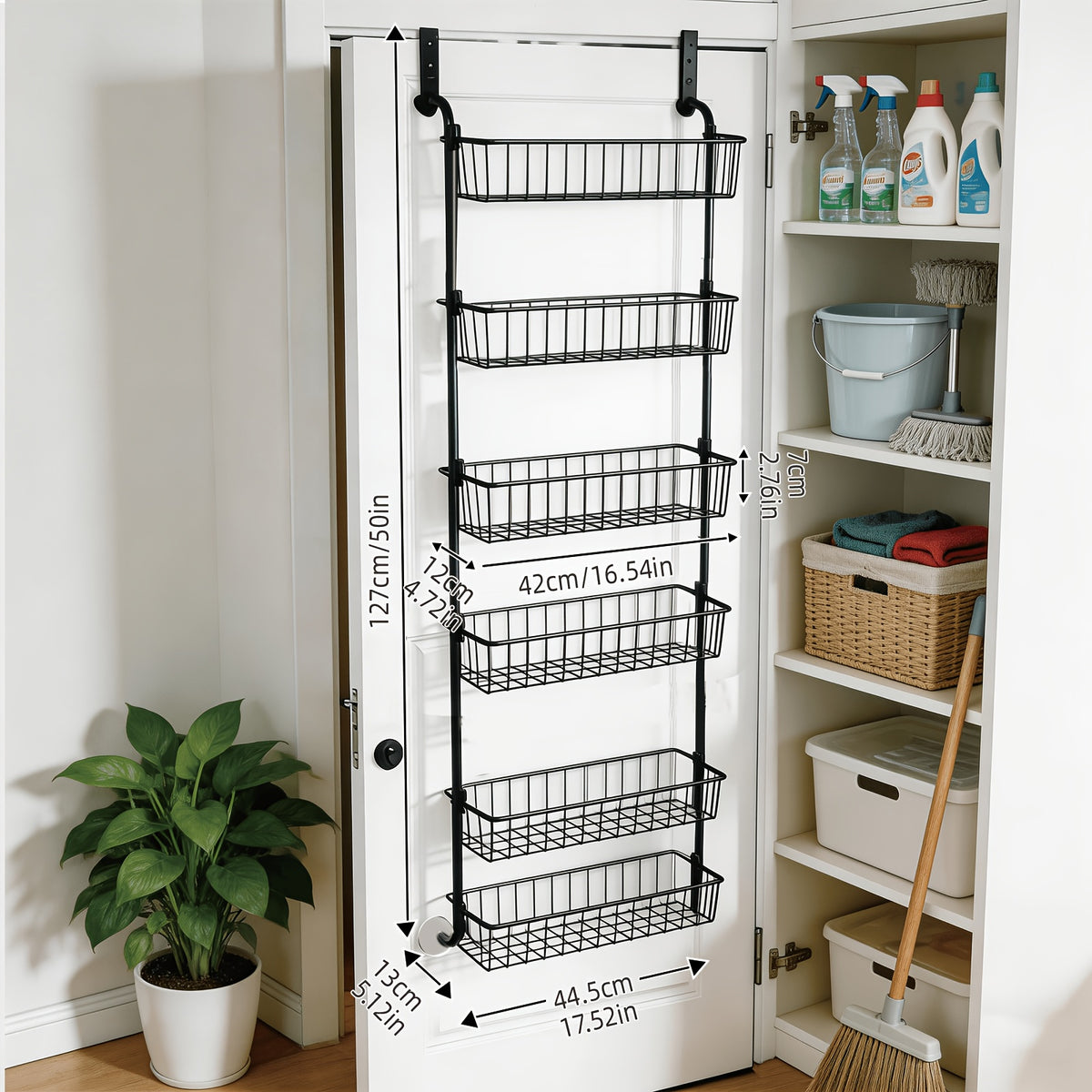 Over the Door Pantry Organizer with Adjustable Metal Baskets, 6 or 8 Tier Hanging Spice Storage Rack in Black or White for Kitchen Bathroom and Laundry