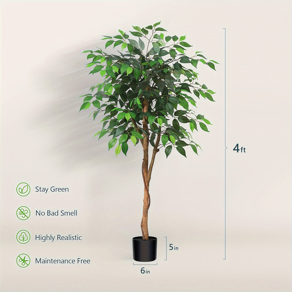 Tall Artificial Ficus Tree - Fake Greenery Potted Plant with Natural Wood Trunk And Lifelike Leaves-Elegant Indoor Outdoor Living Room Home Decor