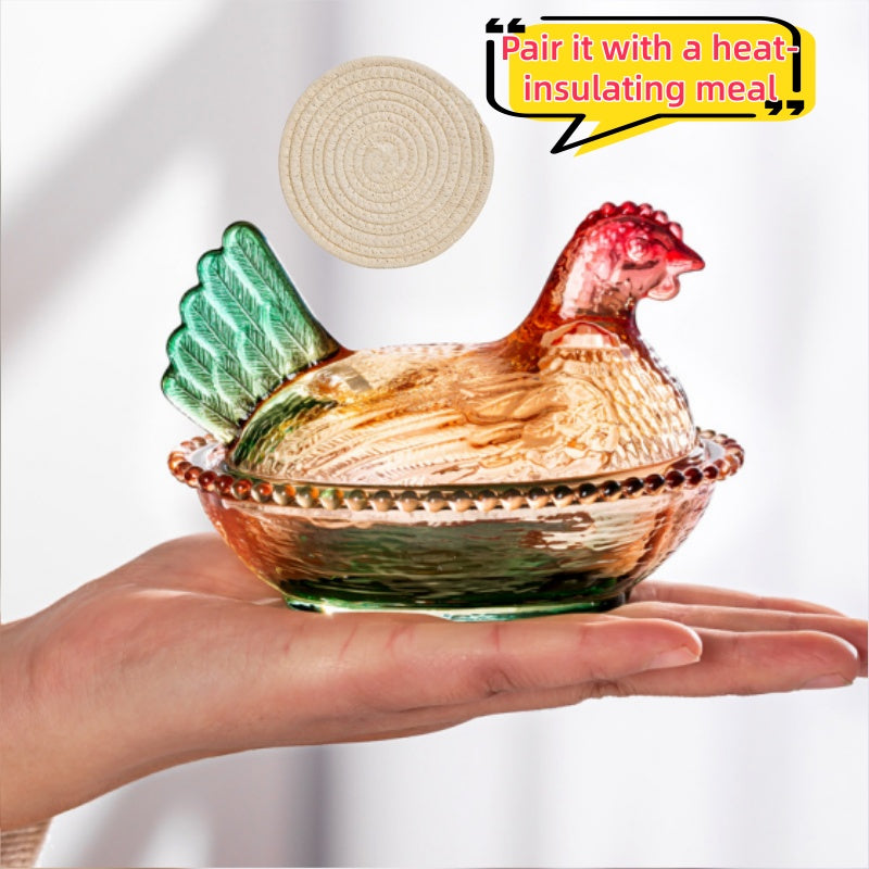 Adorable Candy-Colored Chicken-Shaped Crystal Glass Storage Jar with Lid and Placemats - Perfect Table or Desk Ornament Decorative Dish - Ideal for Candy, Snacks, Jewelry, or Desktop Decor, Organizing Supplies, Kitchen Accessories - Home Storage