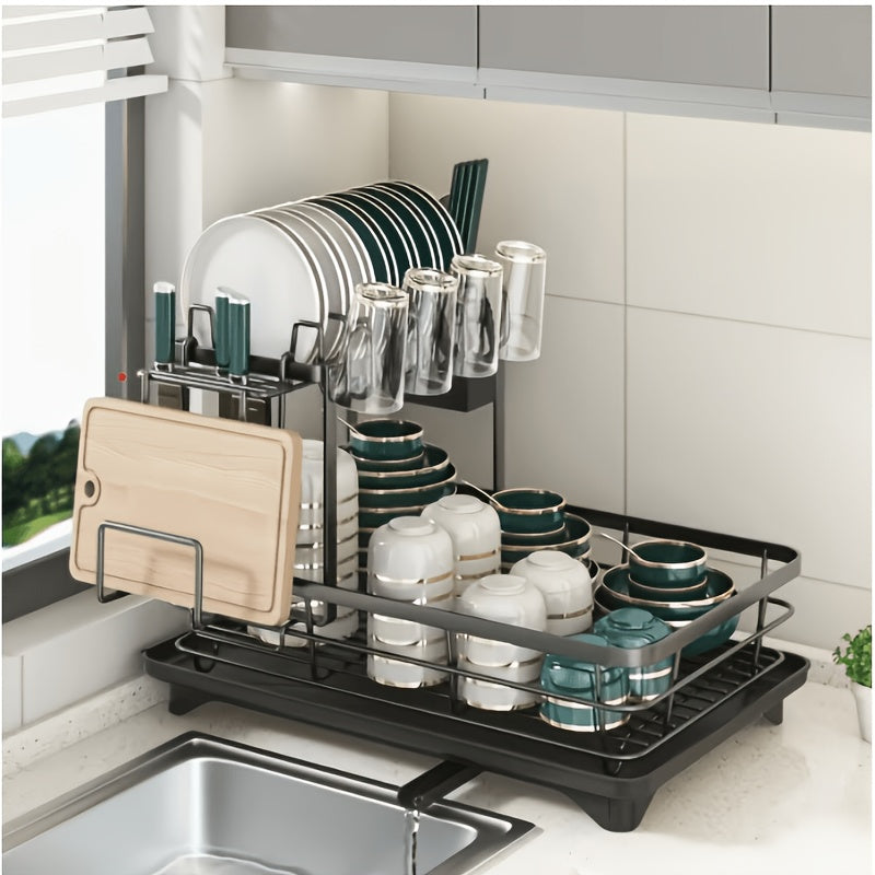 Double Tier Metal And Carbon Steel Cutlery Rack, Large And Durable, with Knife Fork And Cup Holders And Draining Board, Rustproof Two Tier, Space Saving for Kitchen Countertop, Make The Kitchen More Concise And Organized