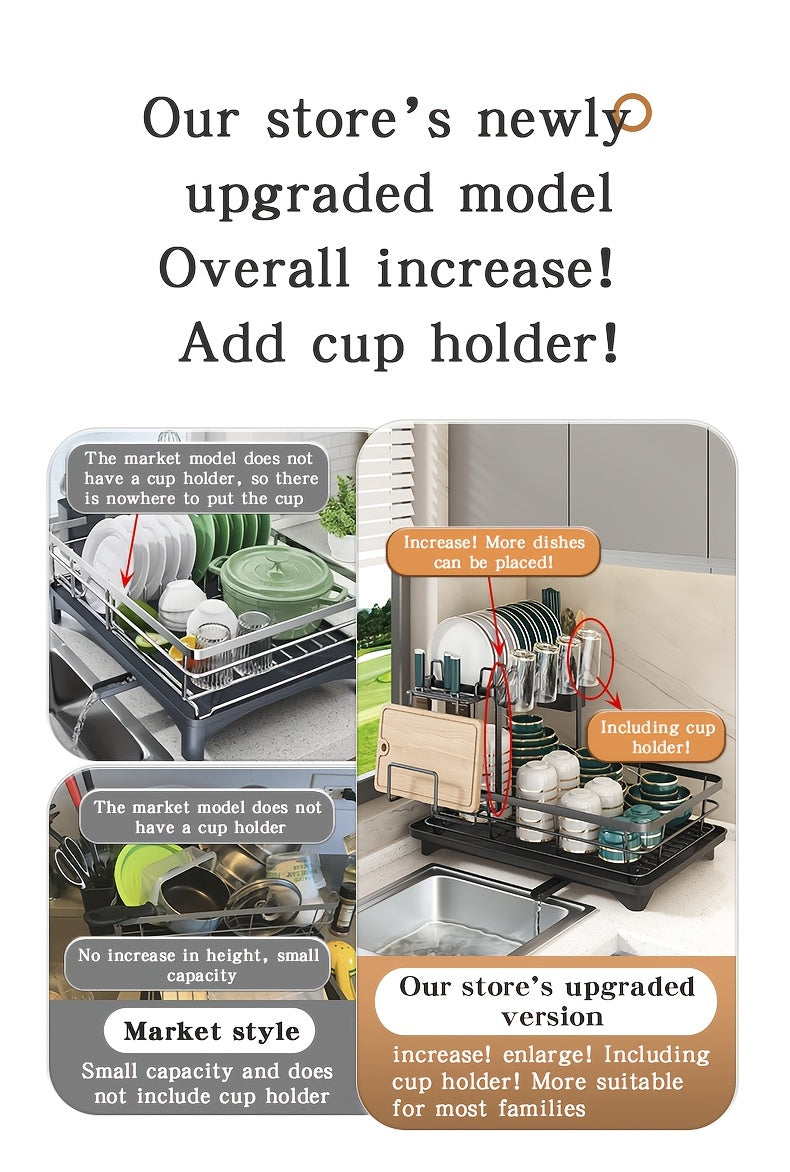 Double Tier Metal And Carbon Steel Cutlery Rack, Large And Durable, with Knife Fork And Cup Holders And Draining Board, Rustproof Two Tier, Space Saving for Kitchen Countertop, Make The Kitchen More Concise And Organized