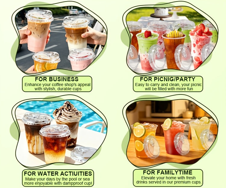 [100pcs]Clear Plastic Mug with Slanted Lid - Disposable Iced Coffee Cup, Smoothie & Cold Drink Storage Container - PET Crystal Party Mug - Perfect Choice for Mother's Day, Halloween, Christmas, Thanksgiving, Small Parties And Family Gatherings