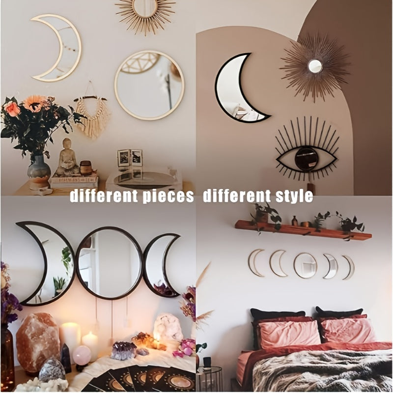 Wall Decor Moon Phase Mirror Set, 5pcs Scandinavian Natural Acrylic Wall Decorative Bohemian Home Decor Mirror for Living Room Bedroom Apartment Flat