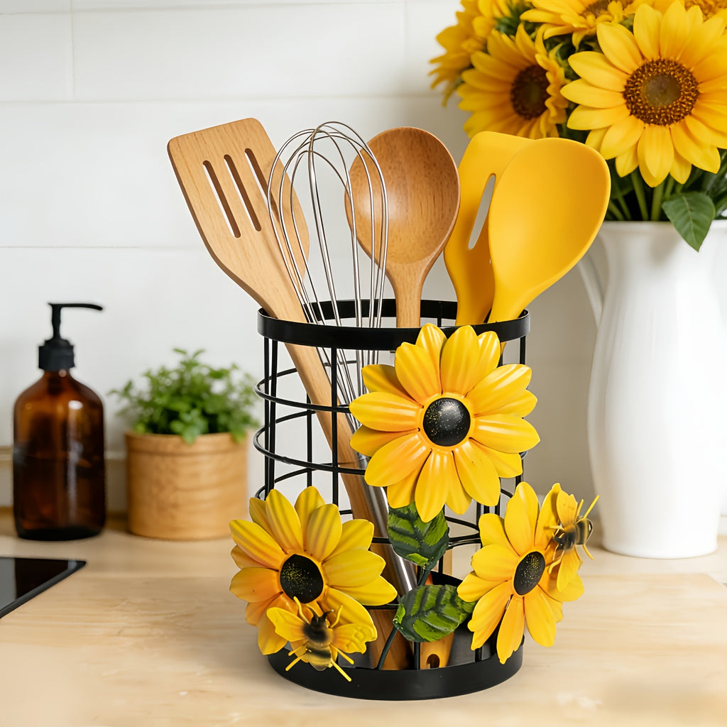 Sunflower Flatware Storage Basket - Open Kitchen Countertop Organizer, Home Storage & Decor, Housewarming Gift Must-Have, Stylish & Functional Present