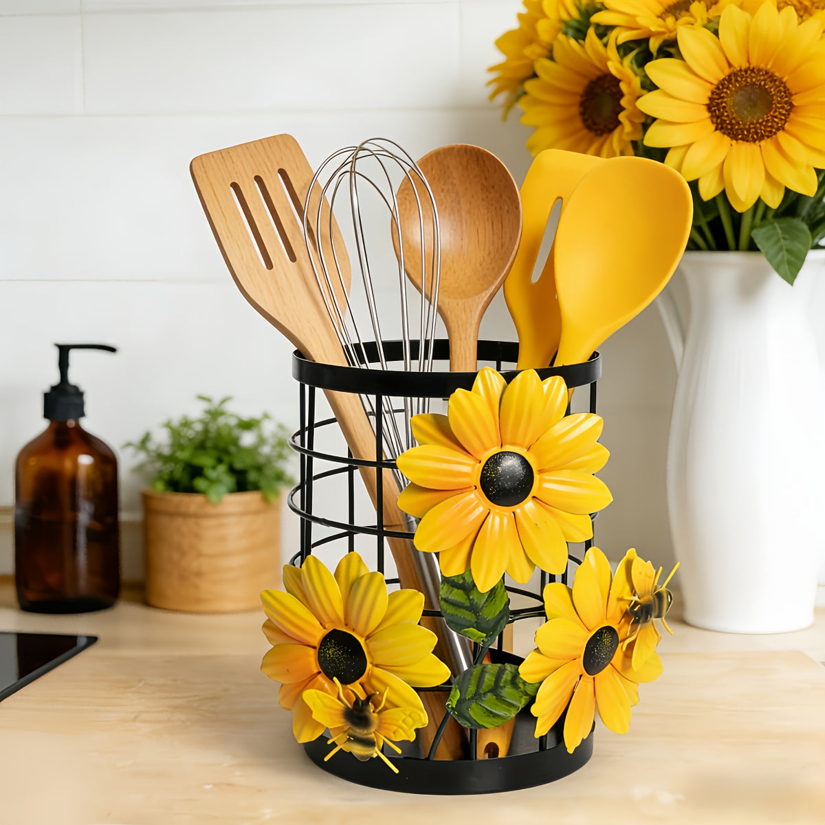 Sunflower Flatware Storage Basket - Open Kitchen Countertop Organizer, Home Storage & Decor, Housewarming Gift Must-Have, Stylish & Functional Present