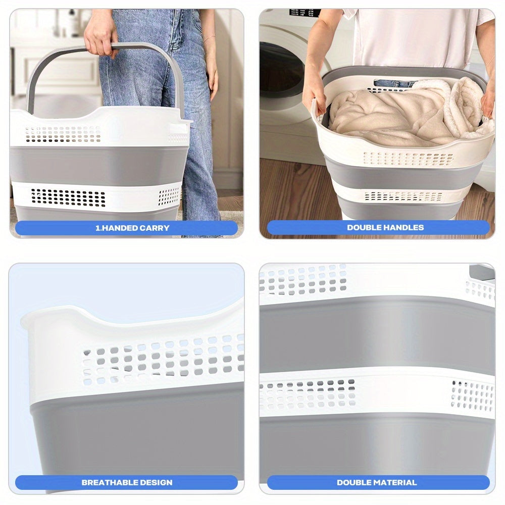 43L Collapsible Laundry Basket with Handles, Grey Foldable Plastic Clothes Hamper in Single or 2-Pack Options for Space-Saving Home Laundry Storage