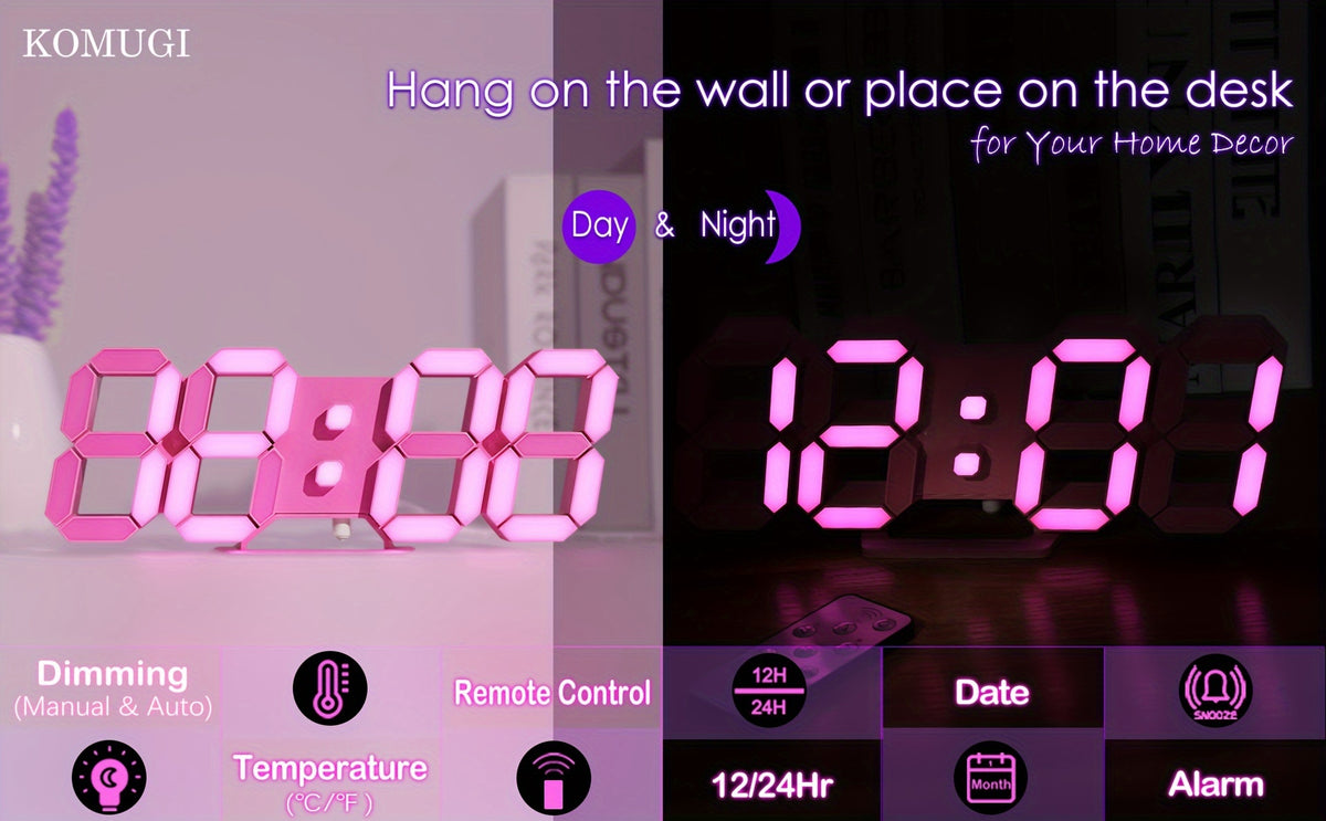 1pc  LED Clock for Room Decor, 9. 7" Digital Wall Clock Table Clock for Living Room, Modern Digital Alarm Clock for Bedroom, Aesthetic Bedside Desk Clock with Remote/Dimming/12/24H/Date/Temp, Gifts for Her, Christmas Valentine's Day New Year Gift