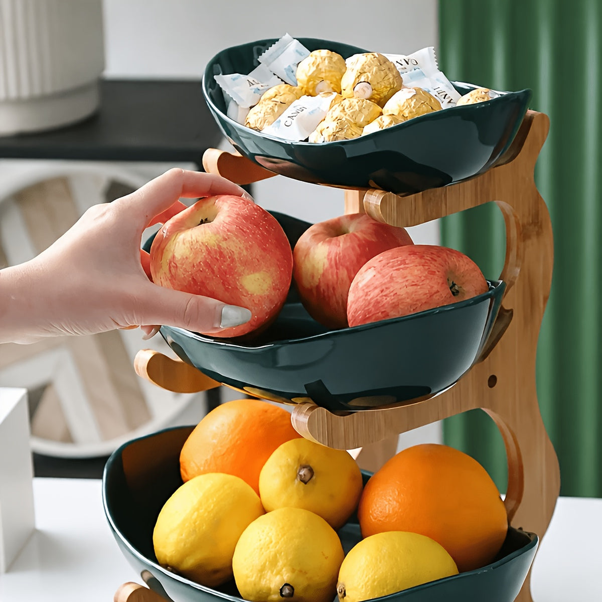 A Creative Two-Layer/Three-Layer Kitchen Fruit Basket, Large-Capacity Layered Fruit Basket, European-Style Dried Fruit Plate, Bamboo And Wood Frame, Household Snack Plate, Candy Tray, Fruit Basket, Bamboo And Wood
