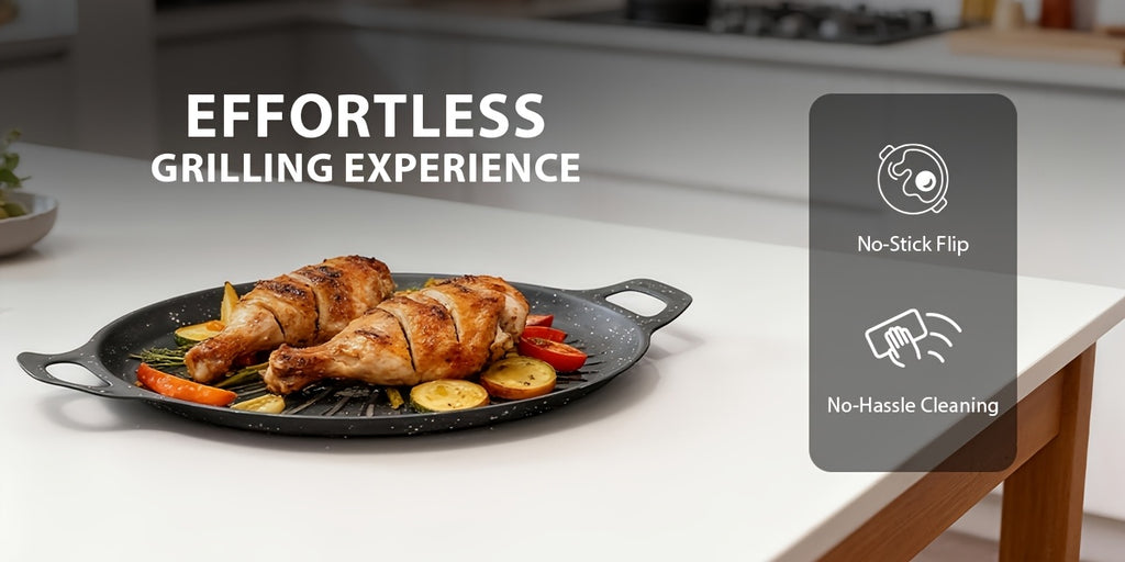 Nonstick Grill Pan with Oill Brush, Griddle Pan with Oil Drain Groove Even Heating, for Grilling And Sauce Locking- Pizza, Eggs, Grilling, Crepes, Easy Clean, Portable Frying Pan for Camping Cookware, Family Gatherings & Restaurant Use