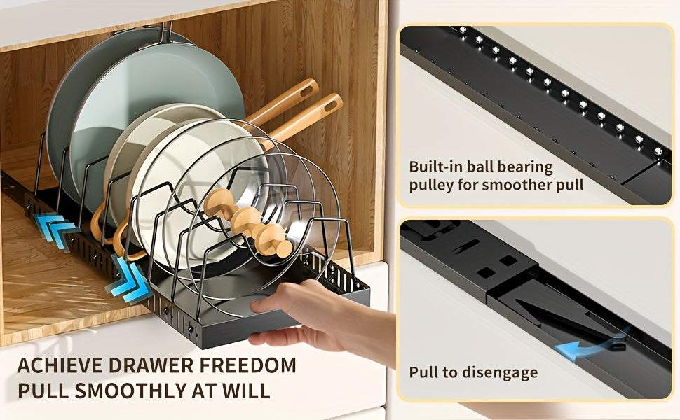 Pull-Out Pot Lid Organizer with Adjustable Dividers, Sliding Pan and Bakeware Storage Rack for Kitchen Cabinets, Black or White in 1 or 2 Packs