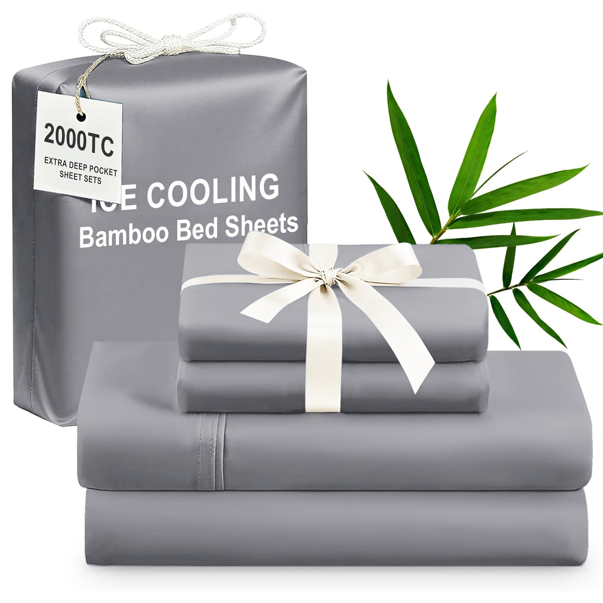 4pcs Bamboo Cooling Bedding - Extra Deep Pocket Breathable And Cooling - Suitable for Hot Sleepers And Sweats, Children Pillowcases, Flat Sheet And Fitted Sheet - A Perfect Gift for Family, Queen And King Sizes
