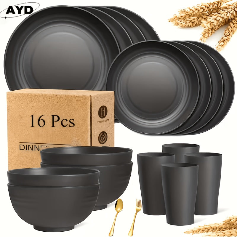 32pcs/16pcs Wheat Straw Large Size Dinnerware Set, Pair with 2 Golden Tableware, Service for 8/4 People, Lightweight Kitchen Additions, Unbreakable Modern Dish Set-Plate/Dessert Plate/Bowl/Cup, Dishwasher And Microwave Safe