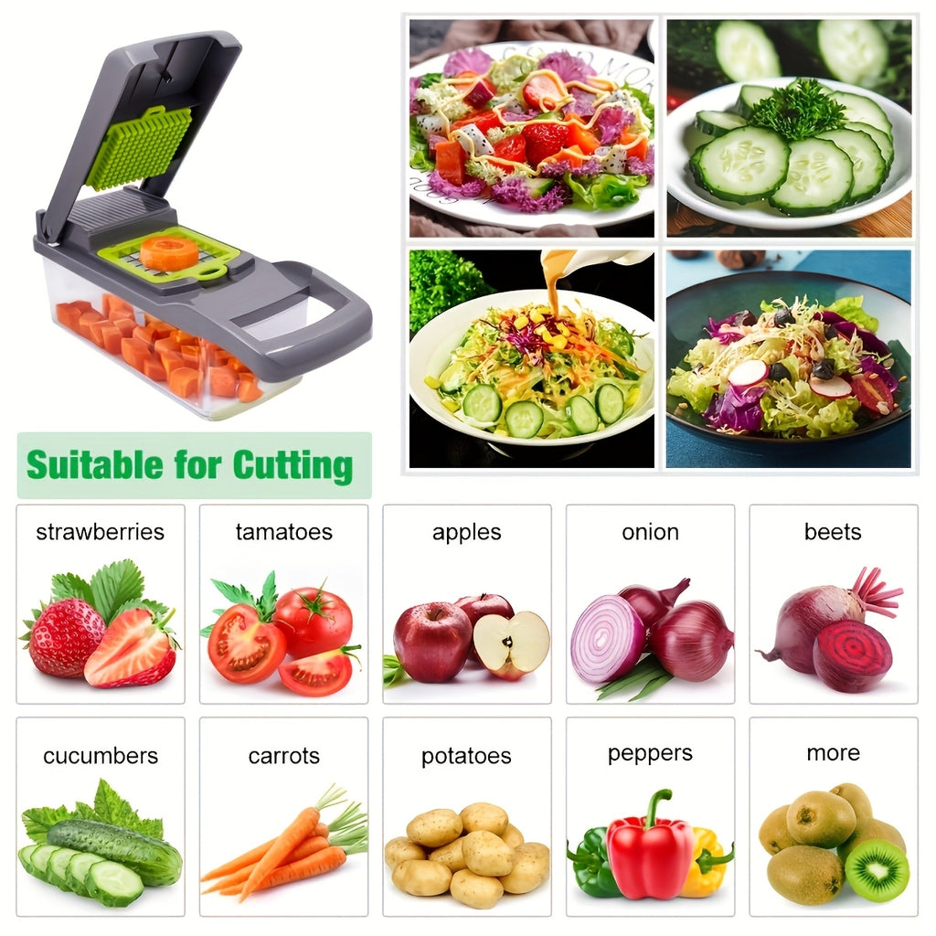 16-in-1 Manual Vegetable Chopper Set | With 8 Stainless Steel Blades, 304 Container, Peeler, and Filter | Easy Meal Preparation, Professional Onion, Carrot, and Garlic Slicer | Kitchen Supplies