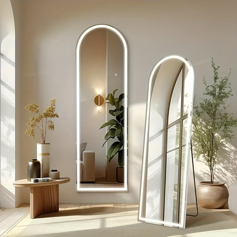 LED Lighted/Not-LED Lighted Full-Length Mirror with Arched/Rect Top - Aluminum Frame Floor-Standing Dressing Mirror for Bedroom & Living Room, Black/Golden/White