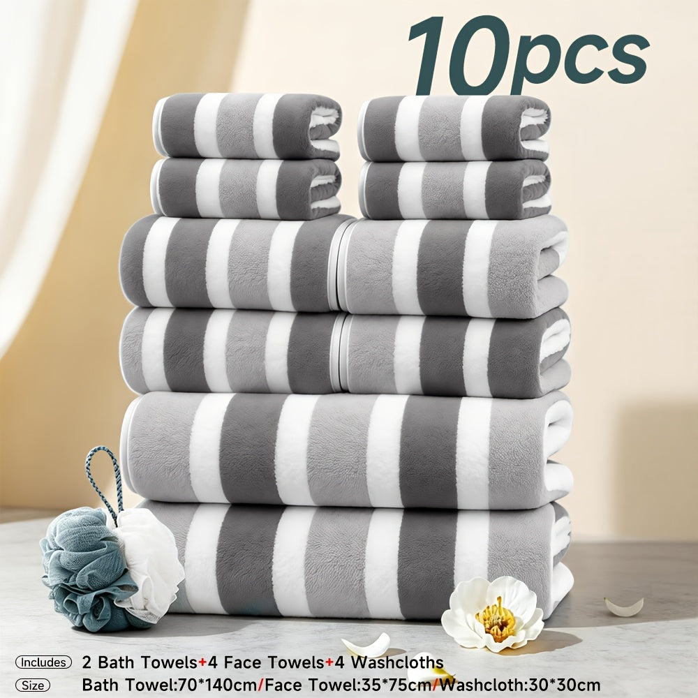 10pcs/3pcs/1pc Towel Set, No Hair Loss, Super Water Absorption, Ultra-Soft Microfiber Beach Towels for Adults, Super Soft Five-star Hotel Standard Two-color Striped Interval Bath Towel Combination(11.81x11.81inch, 13.78x29.53inch, 27.56x55.12inch)