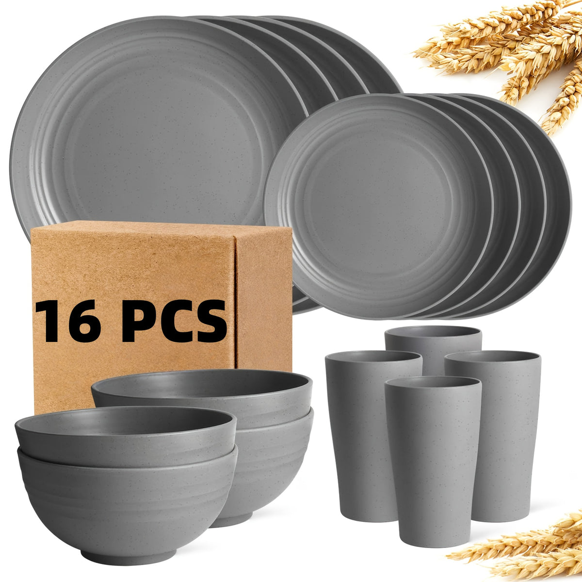 16pcs/32pcs Kitchen Wheat Straw Large Size Dinnerware Set, for 4/8, Unbreakable Modern Dish Set Dinner Plate/Dessert Plate/Cereal Bowl/Cup, Dishwasher Safe, Lightweight Tableware, Camping And Everyday Use, Gifts for Men/Women/Christmas/Halloween