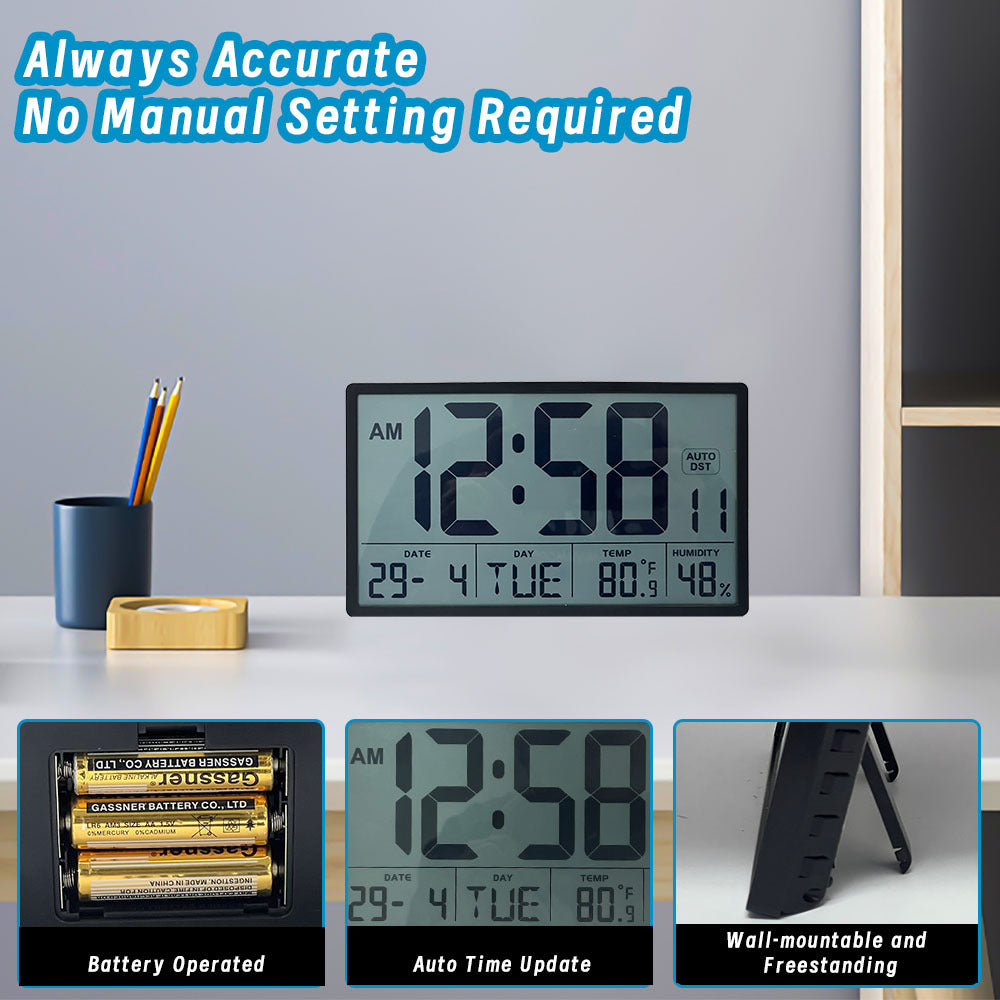 8'' Large Digital Wall Clock Battery Operated with Jumbo Numbers, Temperature And Date - Easy to Read And Set, Auto DST
