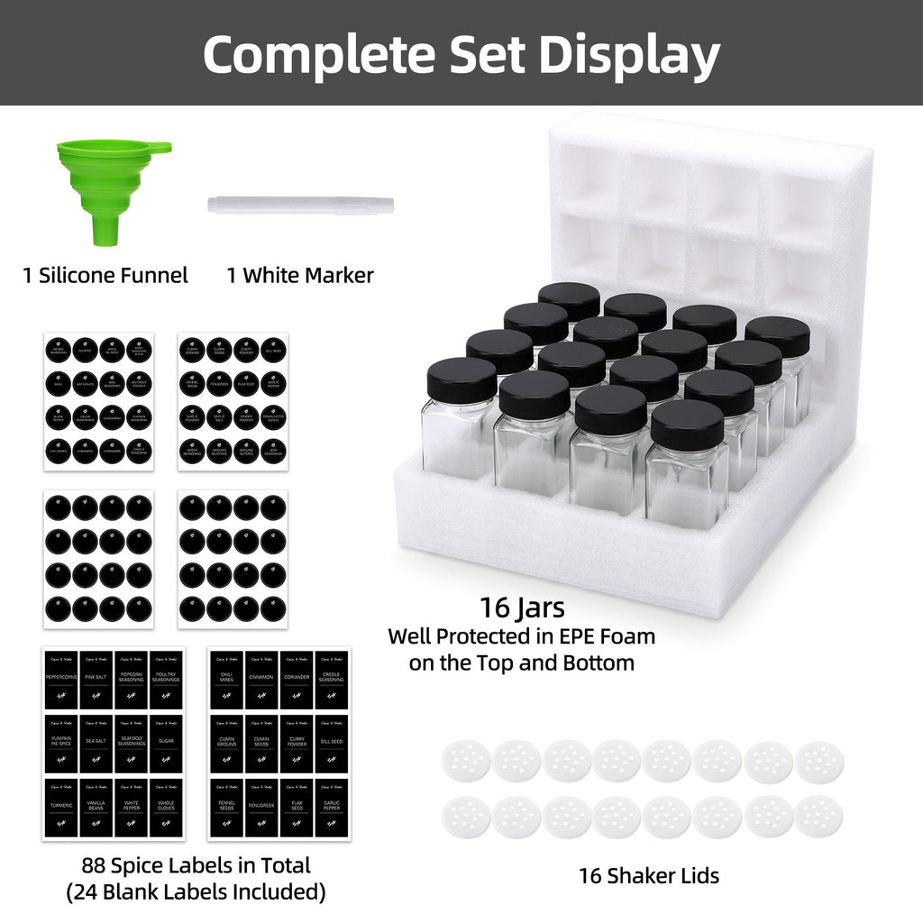 whonline 16pcs/24pcs/36pcs/48pcs Spice Jars, 4oz Glass Spice Jars with Labels - Shaker Lids, Collapsible Funnel, Brush and Marker, Seasoning Bottles for Spice Rack Drawer Cabinet