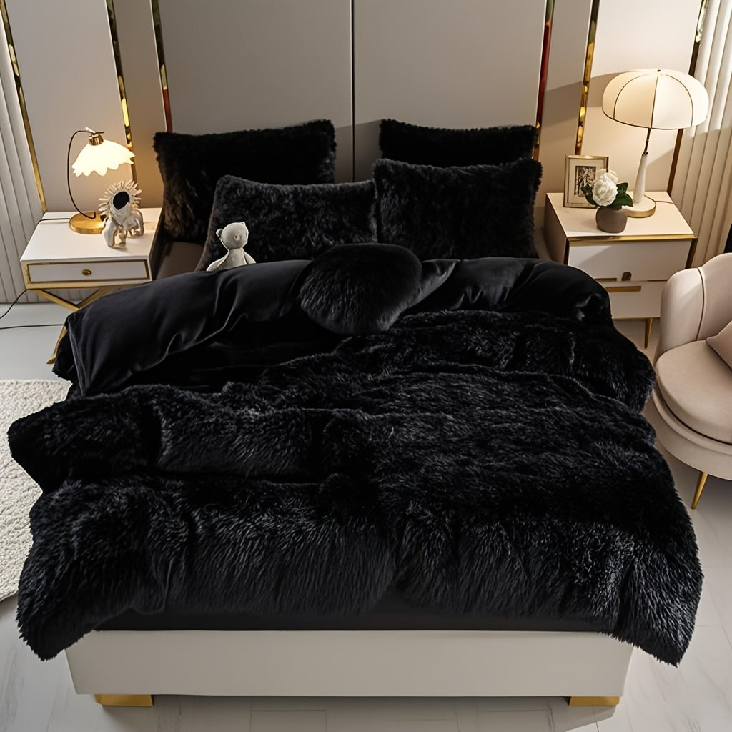 3/4pcs Plush Faux Fur Comforter Cover Set for Kids & Teens - Includes Pillowcases + Plush Heart Pillow - Twin/ Queen/ King Sizes - Super Soft, Warm, Machine Washable (Duvet Cover Only, No Comforter)