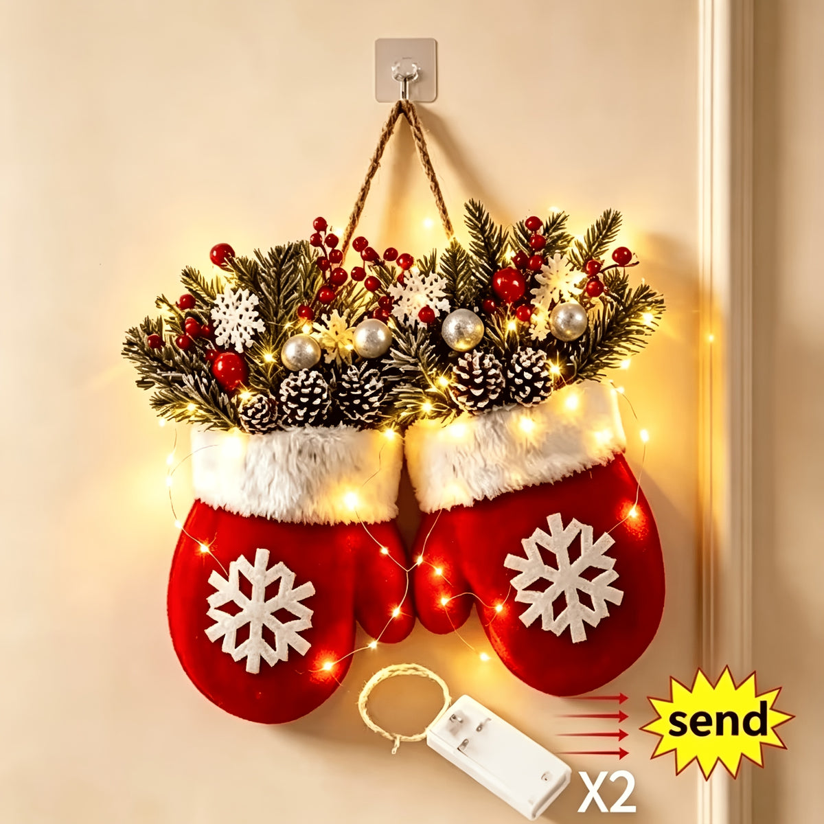 LED Twinkling Christmas Wreath with Twinkling & Artificial Pine Garland - Suitable for Front Door, Wall Decor, / Holiday Decoration - Plastic Mitten Wreath with Red Berries and Pine Branches Halloween Christmas