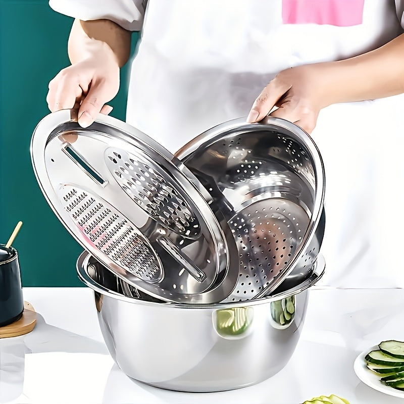 Set of 3 Stainless Steel Kitchen Tools Featuring a Built-In Grinder, Versatile Filter, And Mixing Bowl - Perfect for Washing And Slicing Fruits, Vegetables, And Cheese. Ensures Food Safety with a Drainage System