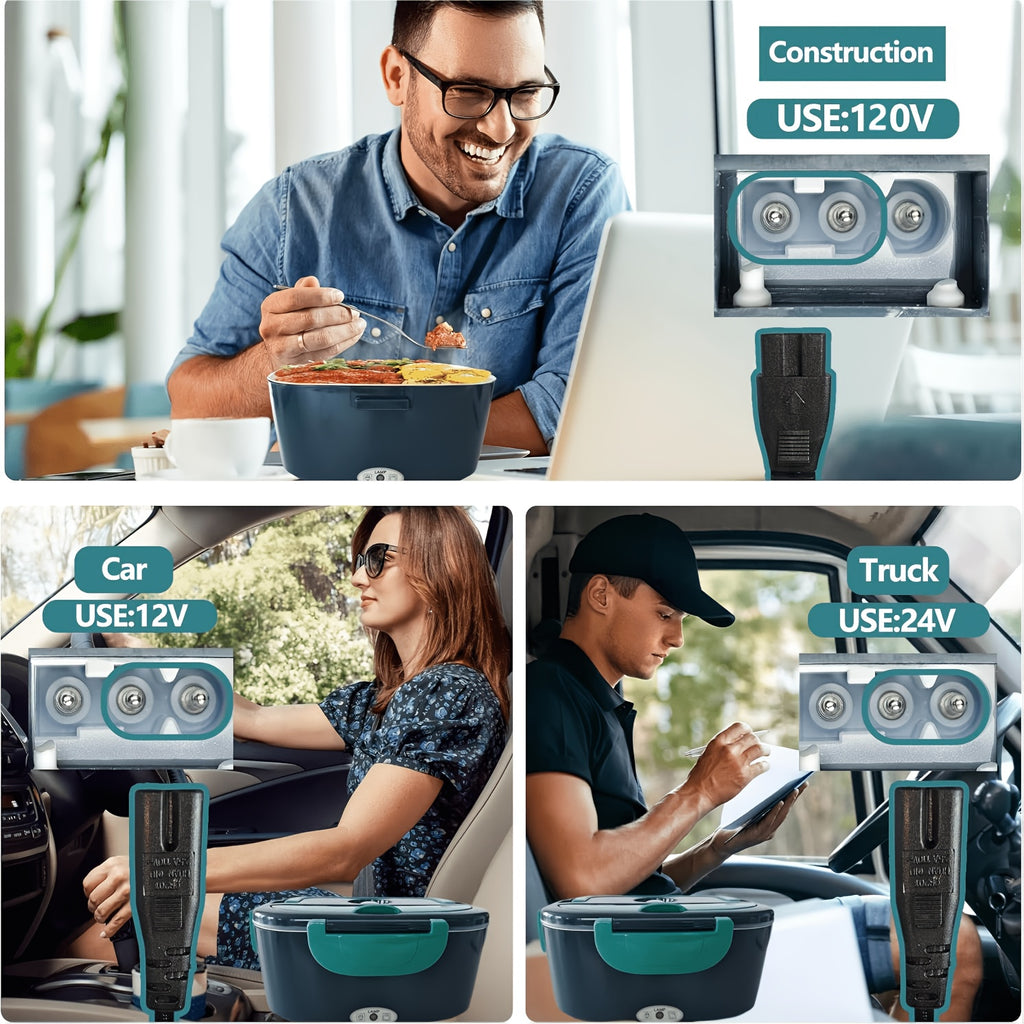 3in 1 Lunch Box - 12V/24V for Car & 120V for Home, Portable Food Heater with 304 Stainless Steel Container, Leak-Proof Design for Truck, Office, Dorm and Camping