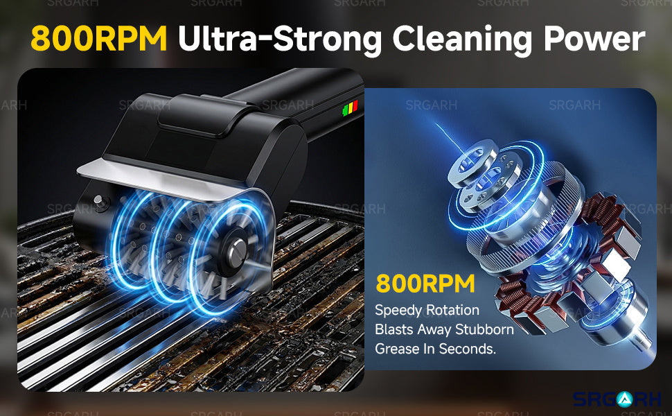 [Portable Outdoor BBQ Scrubber] Cordless Electric Grill Brush, 800 RPM Rotating Grill Cleaner, 2000Mah Rechargeable Battery, 304 Stainless Steel Bristles BBQ Cleaning Tool, Includes Replacement Brush Head And 1 Pair Gloves, Portable Outdoor Barbecue Grill