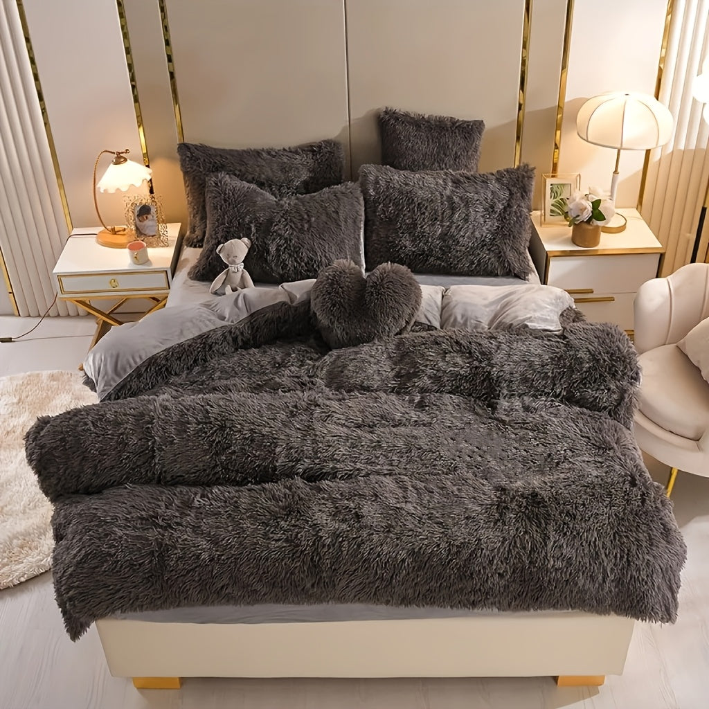 3/4pcs Plush Faux Fur Comforter Cover Set for Kids & Teens - Includes Pillowcases + Plush Heart Pillow - Twin/ Queen/ King Sizes - Super Soft, Warm, Machine Washable (Duvet Cover Only, No Comforter)