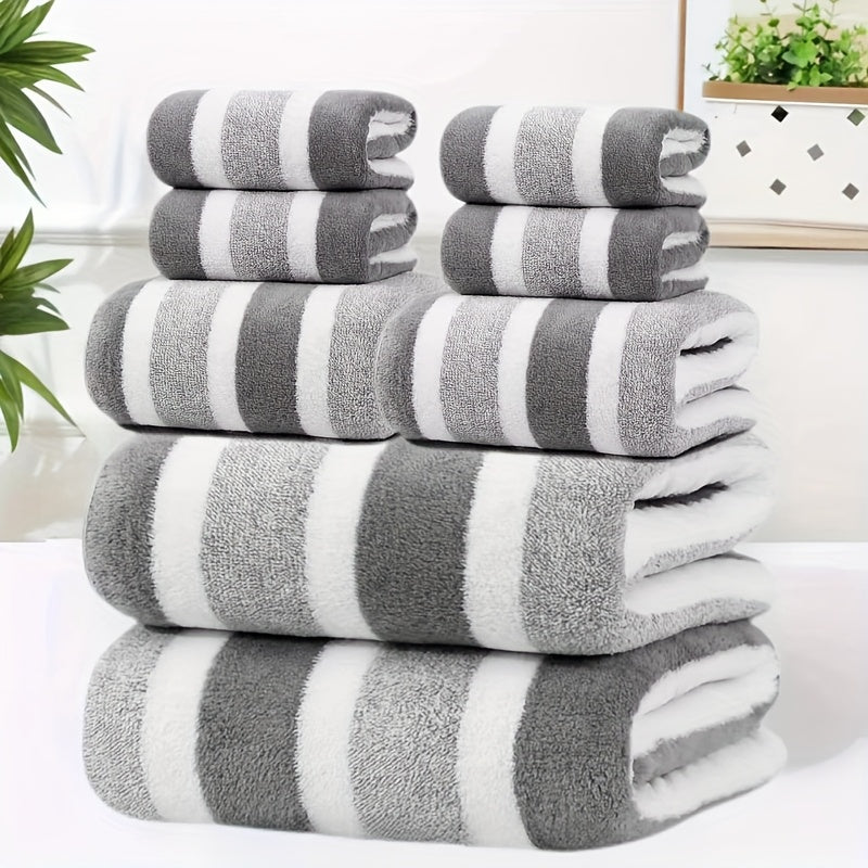 8pcs Lint-Free Super Absorbent Soft Five-Star Hotel Standard Two-Color Striped Spaced Bath Towel Set, Including 2 Large Bath Towels, 2 Medium Bath Towels And 4 Small Bath Towels, Wash Cloths