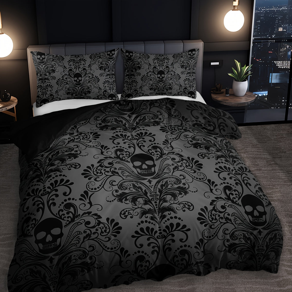3pcs Black And White Skull Design Victoria Baroque Gothic Duvet Cover Set (1 Duvet Cover + 2 Pillowcases Without Pillow Insert), Halloween Collection, High Definition Numeric Print for Queen And King Size in Home Dormitory