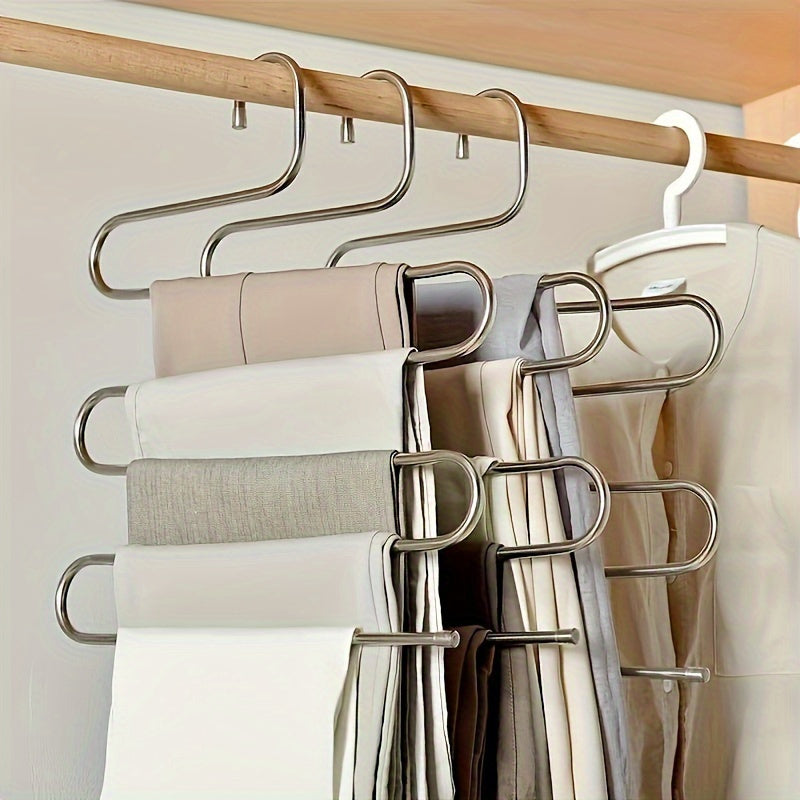 5 Tier Stainless Steel Pants Hanger S Shaped, Non Slip, No Mark Multi Layer Organizer For Closet Storage, Ideal For Jeans & Trousers, Space-Saving Design For Neat Wardrobe Organization, Clothes Organizer Storage