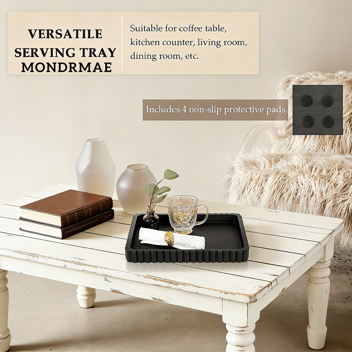 Fluted Wood Decorative Tray, Black or White Round and Square Options for Coffee Table Centerpieces, Jewelry Organization and Modern Living Room Decor