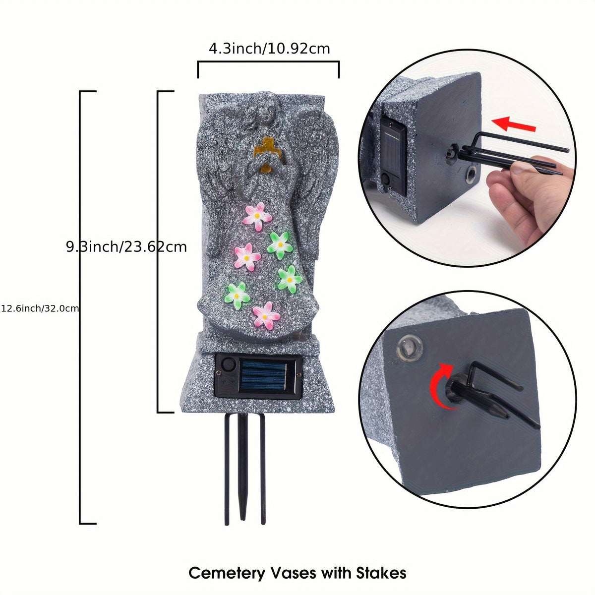 Solar Cemetery Grave Vase with LED for Fresh/Artificial Flowers Headstones Vases with Spikes Gravestone Decor Memorial Gifts for Loss of Loved One