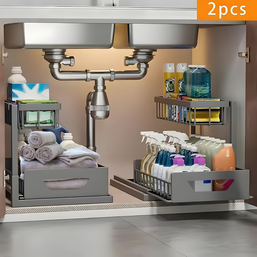 2Pack-2-Tier Slide-Out Under Sink Organizer -Pull-Out Cabinet Shelf with Adjustable Compartments, Featuring a Sliding Pull-Out Shelf Made of Metal, Ideal for Organizing Kitchen, Bathroom, Pantry, Or Closet Spaces