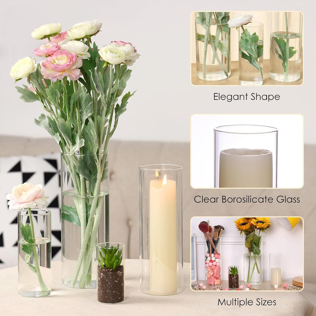 WHONLINE 16pcs Clear Glass Cylinder Vases, 4, 6, 8, 10 Inch Tall Cylinder Vases for Party Centerpieces, Hurricane Floating Candle Holder Vase for Table Shelf, Party, Collectible Buildings & Accessories，Wedding, Home Decor