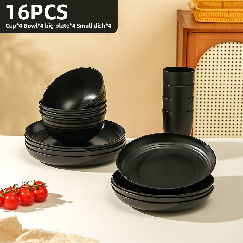 Brczuo16/32pcs Securely Fixed Non Fragile Plates, Wheat Straw Tableware Set, Microwave Dishwasher Safe, Durable Tableware, Black Set Includes 16 Plates, 8 Bowls, 8 Cups, Suitable For Family Gatherings, Birthday Parties, Camping