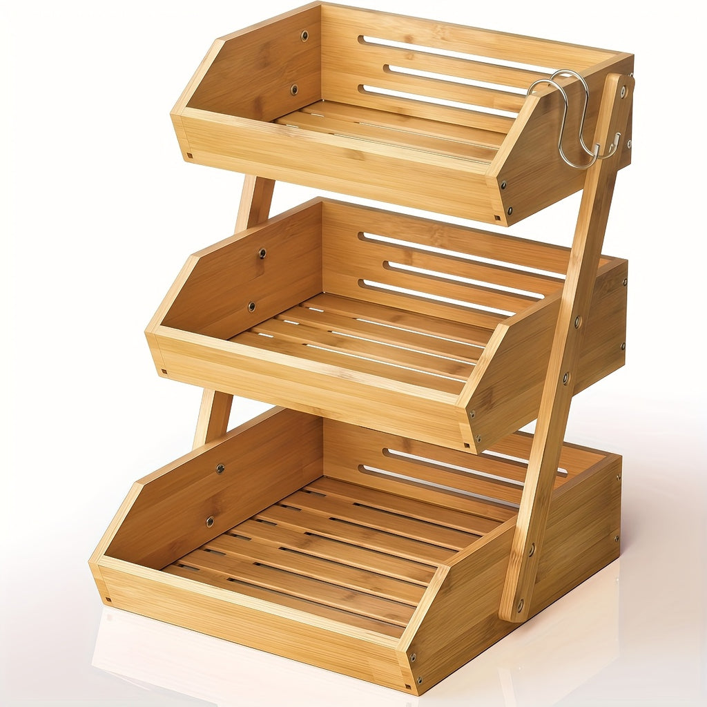 3/2-Tier Wooden Fruit Basket Stand - Large Capacity Kitchen Organizer with Open Slat Design for Vegetables, Bread & Produce | Multi-Level Countertop Storage Shelf - Easy Assembly & Natural Wood Finish